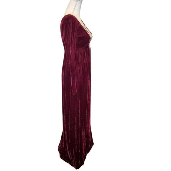 Vintage 60s 70s Wine Red Velvet Prairie Dress Crochet Trim Floor Length Small - Picture 5 of 12